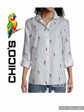 Chico's White Button-Front Blouse Parrot Motif Linen Sz M Jungle Coconutgirl